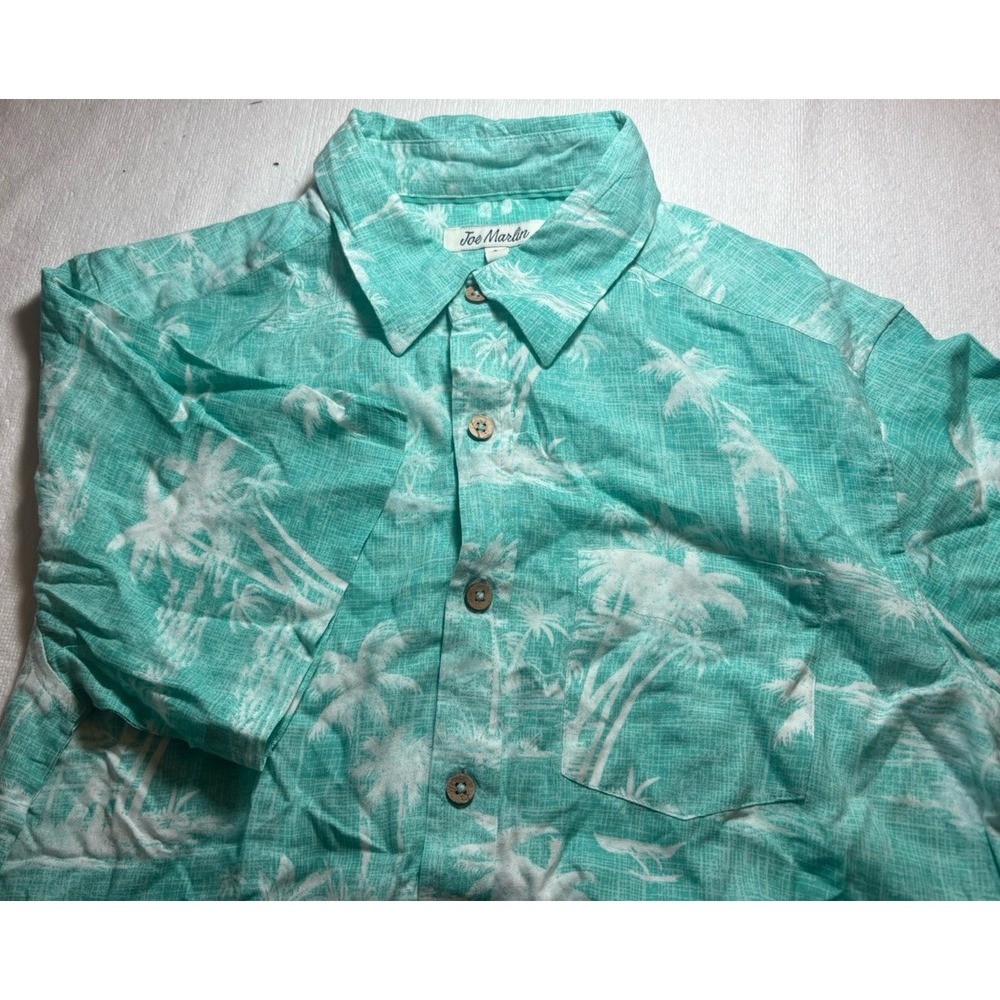 Joe Marlin Mens Short-Sleeve Button-up Hawaiian  Shirt Lt Teal with Palm Trees‎